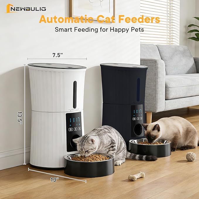NEWBULIG 4L Automatic Cat Feeder with APP, Timed Pet Feeders for Dry Food with Portion Control, 1-10 Meals Per Day, Dog Food Dispenser with 10s Voice Recorder, Dual Power Supply, Desiccant Bag(Black)