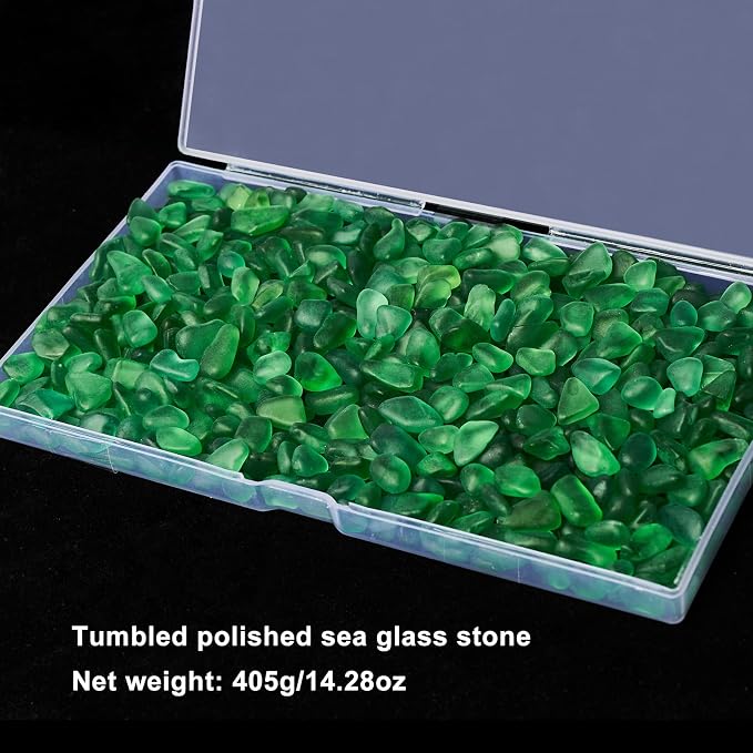 QEQEKAKA Sea Glass Stones for Crafts 1LB Green Pebbles Gemstones Bulk | Small Glass Stones for Beaching Wedding DIY Decor Aquarium Turtle Tank Vase Filler (405g/14.28oz)
