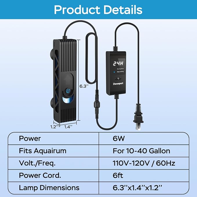 Aquarium U-V Light, Al-gae Control Light with 1-24H Timer, Green Water Clean Lamp with Protective Shield, 6W for 10-40 Gallon Freshwater and Saltwater Tanks