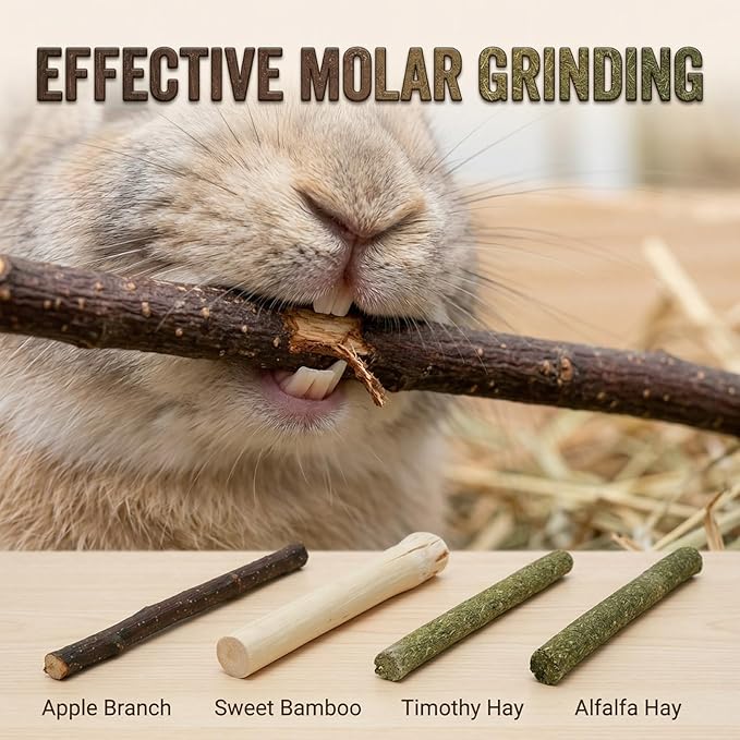 Bunny Chew Stick Rabbit Toy Treat 140g 4 in 1 Molar Stuff Organic Natural Snack Apple Branch Sweet Bamboo Timothy Hay Alfalfa Food Clean Teeth Hamster Chinchilla Parrot Gerbil Squirrel