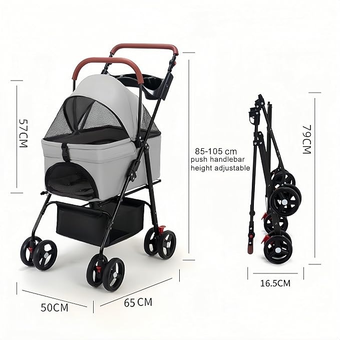 Pet Stroller for Medium Small Dogs/Cats - 4 Wheels Foldable Dog Stroller with Storage Basket,Dog/Cat Carrier,Adjustable Handle,Folding Puppy Carrier Suitable for Traveling with Cats and Dogs (Grey)