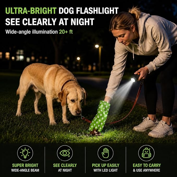 Dog Poop Bag Holder with Rechargeable LED Flashlight – Quick-Silicone Finger Grip Bag Opener, Hands-Free Dispenser with Silicone & Velcro Straps & Hand Strap – Fits Any Leash for Easy Dog Walking