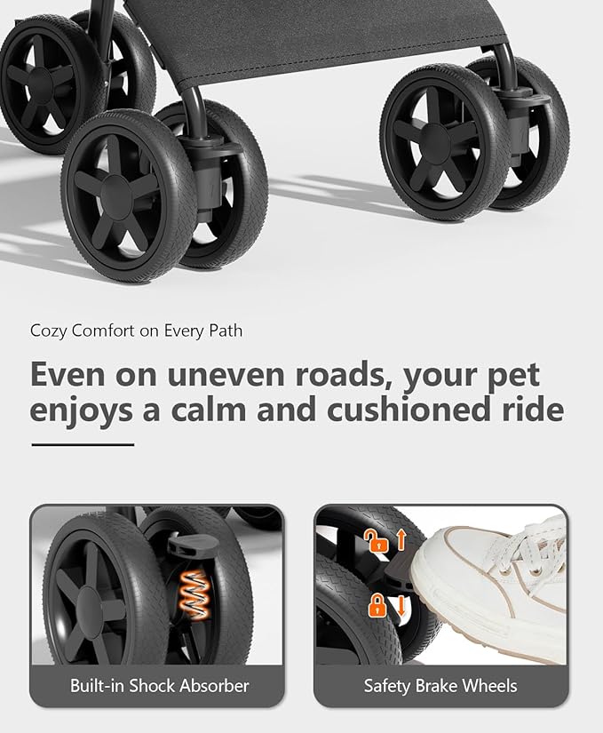 OS MOTOR Pet Stroller with 4 Wheels for Small/Medium Pets, Portable Travel Foldable Carrier Jogger for Dog Cat Puppy Kitty, Rear Wheel Breaks, Storage Basket, Visible Mesh with Weather Cover (Black)