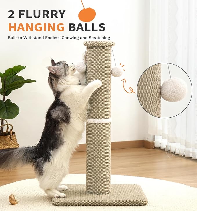 Made4Pets Tall Cat Scratching Post, 33" Modern Cat Scratcher with Hanging Balls, Heavy Duty and Thicker Scratching Post for Indoor Cats Adults, Sturdy Base Cat Scratch Post, Beige