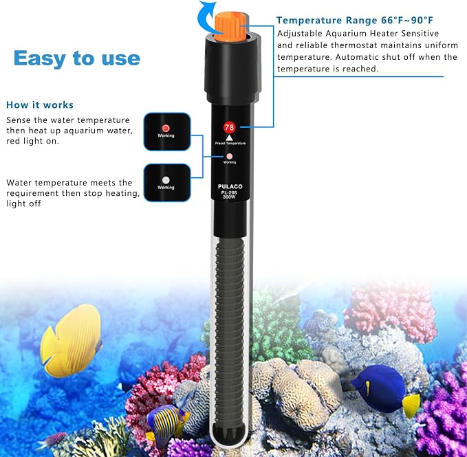 300Watt Aquarium Heater for 50-70 Gallon Fish Tank, Adjustable Submersible Heater Thermostat with Thermometer Strip and Suction Cup