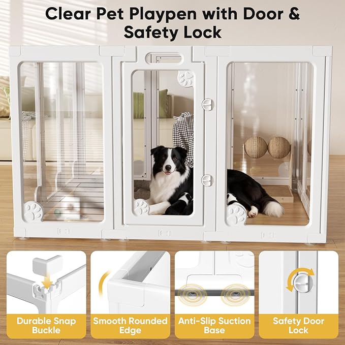 Clear Acrylic Dog Play Pen Indoors 30“, 10 Panels Transparent Puppy Playpen with Door for Small Dogs Puppies, Modular Plastic Pet Playpen Cage Fence Crate for Cat Kitten Rabbit, White