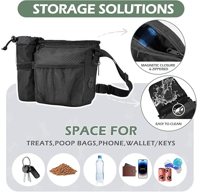 Dog Treat Training Pouch with Magnetic Zipper Closure - Built-in Poop Bag Dispenser, Side Pocket for Dog Water Bottle, 3 Ways to Wear,Carry Kibble & Pet Toys (Black)