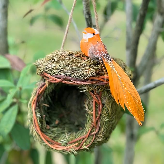 2 Pack Green Grass Birdhouse for Outside Garden Decoration Hanging Bird Hut Bird Nest Cozy Resting Place for Wild Birds (About 3.5-4.5inch)