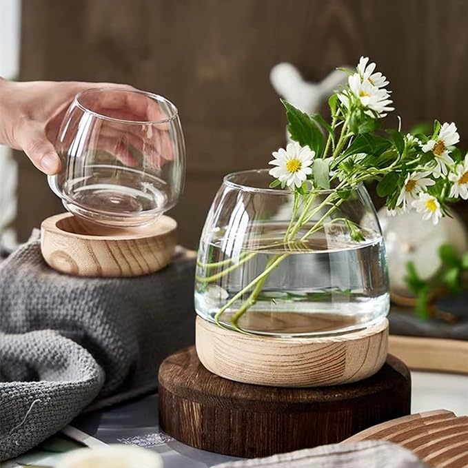 Glass Fish Bowl,with Wooden Base, Small Desktop Fish Bowl Aquarium for Betta Fish Gold Fish, Fish Tank Flower Vase,Hydroponic Plant Terrarium,for Home Decoration (11 x 19.5cm)
