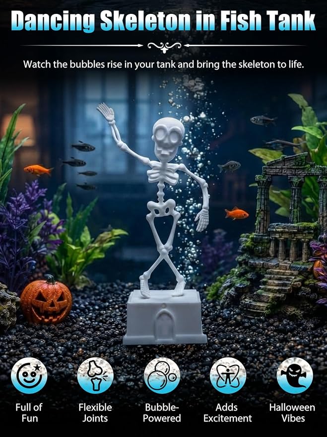 Dancing Skeleton Aquarium Bubbler, Halloween Fish Tank Decor(White) | Adjustable airflow with 1m hose & valve. Safe resin, for freshwater/saltwater tanks. Air pump not included.