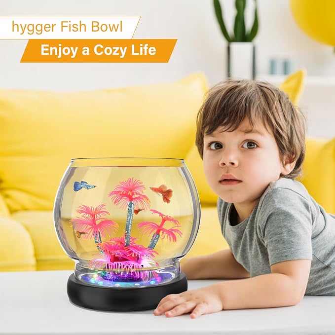 hygger 0.5 Gallon/1 Gallon Glass Fish Bowl with LED Light and Decor, Small Round Betta Fish Tank Goldfish Bowl, Round Clear Unbreakable Aquarium/Vase/Hydroponic Plant Terrarium, Nice Centerpieces