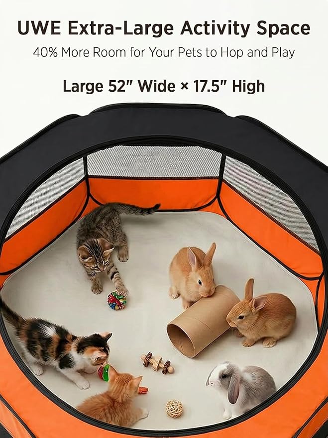 UWE Extra Large Small Animal Playpen, XL Portable Pet Playpen for Rabbit, Kitten, Guinea Pig, Hamster, Puppy – Waterproof Foldable Mesh Tent with Zipper Cover, Indoor Outdoor Use, Orange