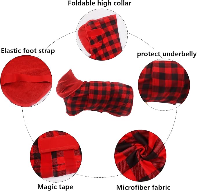 Geyecete Dog Drying Coat - Fast Drying Dog Bathrobe Towel - Microfibre Super Absorbent Pet Cat Bath Robe - Red Black Grid-S