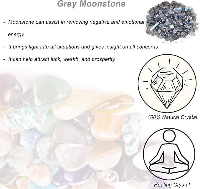 Erliway 100g Natural Grey Moonstone Crystal Chips 7-9mm Tumbled Stones | Small Crushed Crystal Stone, Polished Crystals Chips for Fish Tank, Healing Tumbled Rocks for Reiki Jewelry Making Home Décor