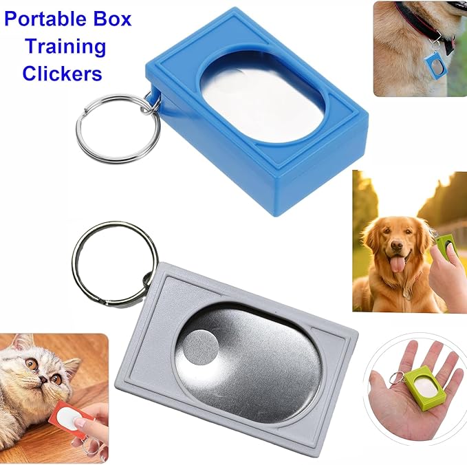 2pcs Portable Square Box Training Clicker Puppy Clicker Trainer for Dogs Cats Birds Lizards Fish Aid for Indoor Use (Blue+White)