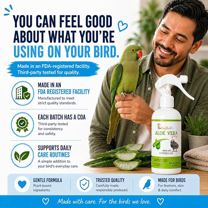 Aloe Vera Bird Spray for All Birds – Soothes Itchy Skin & Feather Plucking – 8oz Odor-Free Mist, Safe if Ingested, Daily Use Bird Mist, Softens Feathers, Natural Formula – Made in USA by UnRuffledRx™