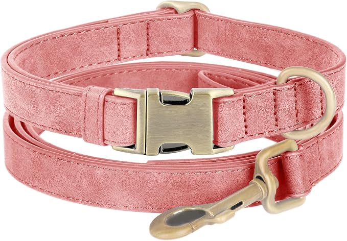 Genuine Leather Dog Collar - Adjustable Pet Collar with Quick Release Metal Buckle, Soft Skin Friendly Real Leather Collar for Small, Medium, Large Dogs (Pink Collar + Rope, M：Fit 12-20" Neck)