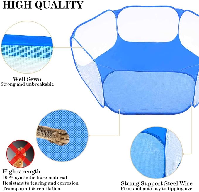 Small Animals Tent,Reptiles Cage,Breathable Transparent Pet Playpen Pop Open Outdoor/Indoor Exercise Fence,Portable Yard Fence (Blue)