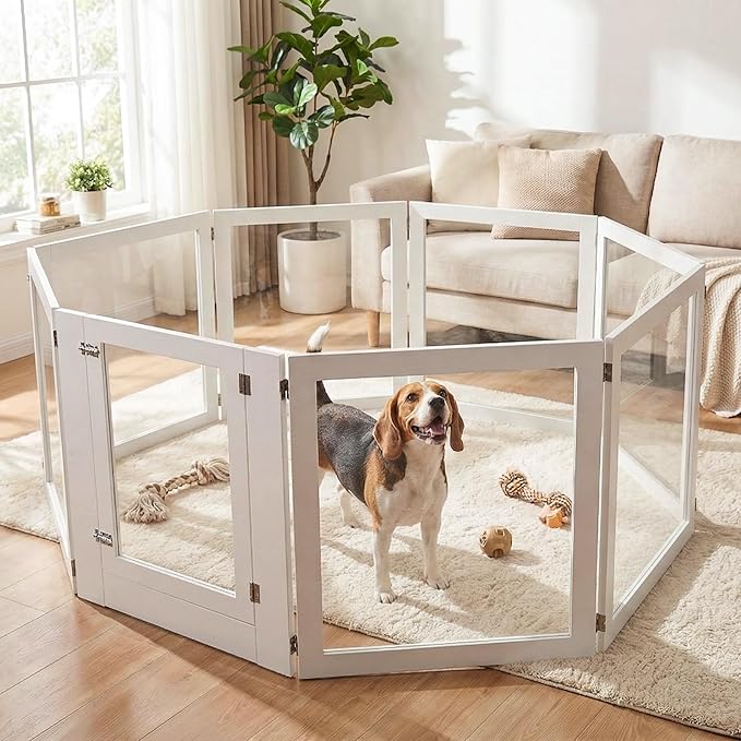 Heavy Duty Clear Acrylic Dog Playpen for Small/Medium Pets – 32" High Clear Pet Pen with Sturdy Metal Frame, Walk-in Kennel, Expandable Indoor & Outdoor Pet Play Yard (White, 8 Panels Including Door)