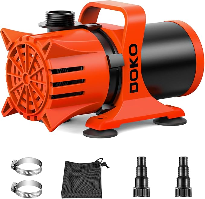 DOKO 1800GPH Submersible Water Pump, 180° Ajustable Pond Pump with 20FT Power Cord 100W Ultra Quiet Pond Pump for Outdoor, Fountain, Waterfall, Fish Tank, Hydroponic, Statuary, Orange Black