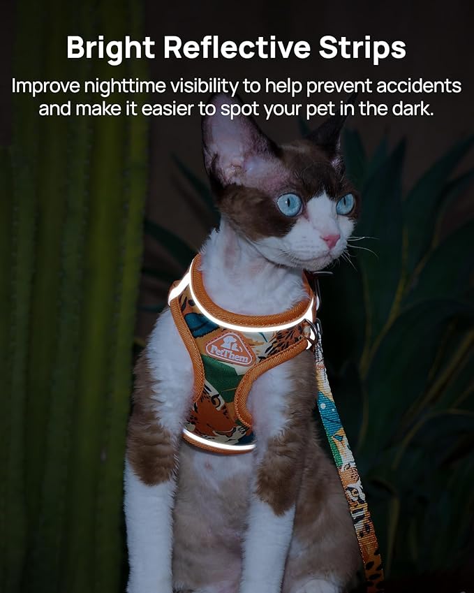 PetThem Upgraded Cat Harness and Leash Set - Step-in Escape Proof Adjustable Cat Harness, Comfortable Soft Lightweight, Reflective Harness for Walking, Travel, Camping (King of The Jungle, S)