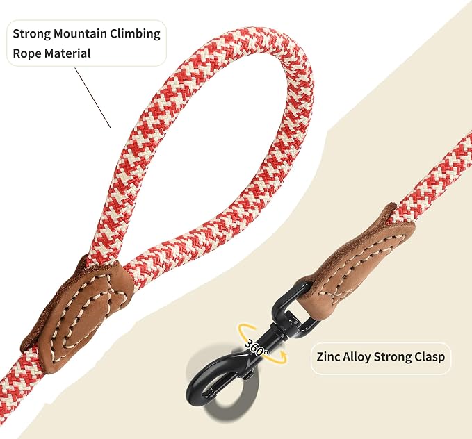 Mile High Life | Mountain Climbing Dog Rope Leash with Heavy Duty Metal Sturdy Clasp | Genuine Leather Tailored Connection with Strong Stitches (Red Khaki1, 48 Inch (Pack of 1))
