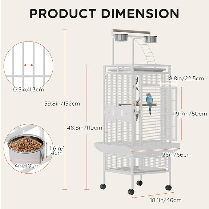 60 Inch Wrought Iron Large Bird Cage with Rolling Stand, Metal Parrot Cage with Play Top & 4 Stainless Steel Bowls for African Grey Cockatiel Sun Parakeet Green Cheek Conure Lovebird Budgie, White