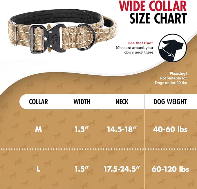 Tuff Pupper Tactical Dog Collar | Heavy Duty 1.5" Wide Ballistic Nylon | Training Control Handle | Quick-Release Metal Buckle | Reflective Bands | ID Tag Holder | Padded Inner Lining (Tan, Medium)