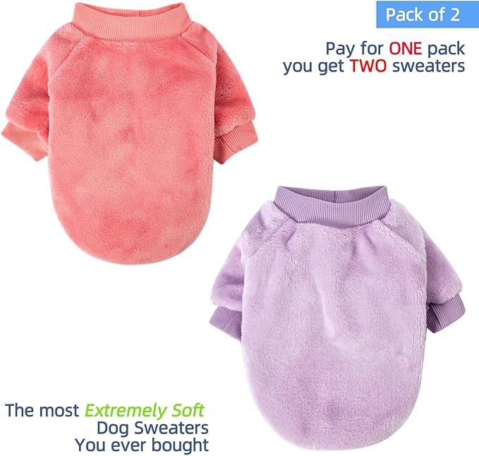 FabriCastle Small Dog Sweater, 2-Pack Dog Clothes, Soft and Warm Pet Jackets for Small Dogs Girl & Cats, Winter Pet Apparel Costumes, Puppy Outfits (Pink,Light Purple, XX-Large)