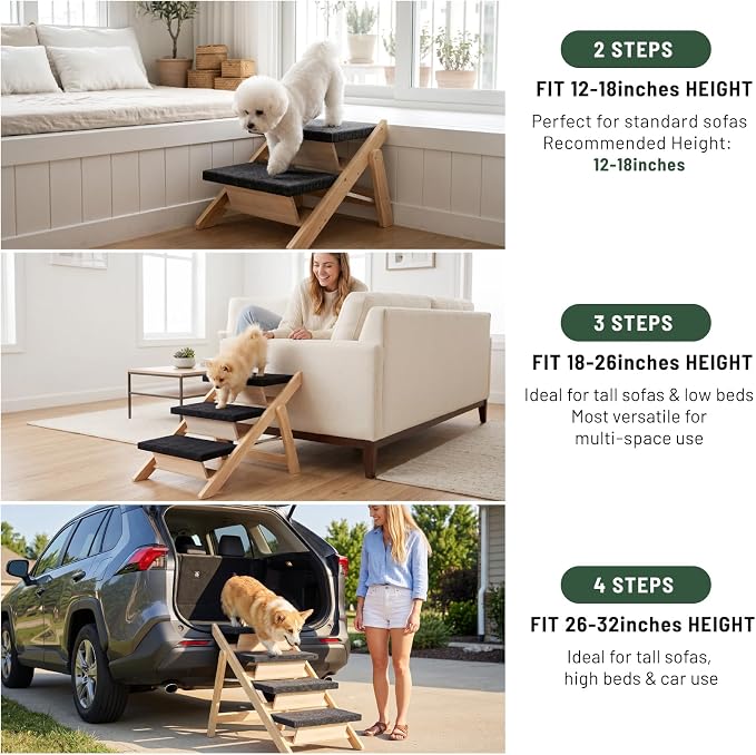 Dog Stairs/Ramp for Bed, Wooden 2-in-1 Foldable Pet Stairs & Ramp, Portable Dog Ladder Up to 180 Pound for Elderly/Short-Legged Dogs, 4 Steps for Beds, Couch