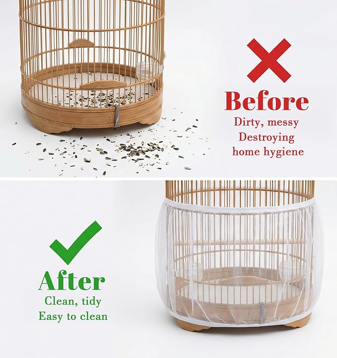 Bird Cage Netting Seed Catcher, White Adjustable Large Bird Cage Seed Catcher Stretchy Birds Cages Cover, Easy to Install, Fits Most Cages, Ideal for Parrots Enclosures