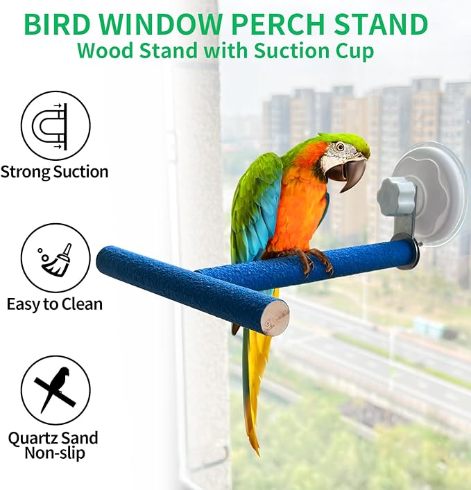 FlidRunest Movable Bird Perch Stand with Suction Cup for Window/Mirror/Car/Shower, Quartz Sands Wood Bird Training Perch Stand for Parrot Parakeet Cockatiel Conure Budgie Lovebird