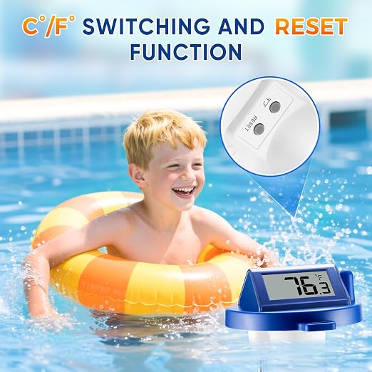 Solar Wireless Floating Pool Thermometer - Upgraded IPX8 Waterproof Easy Read Digital Thermometer with Time, Indoor Temperature & Humidity Monitor for Swimming Pools, Spas, Hot Tubs (Dark Blue 1pack)
