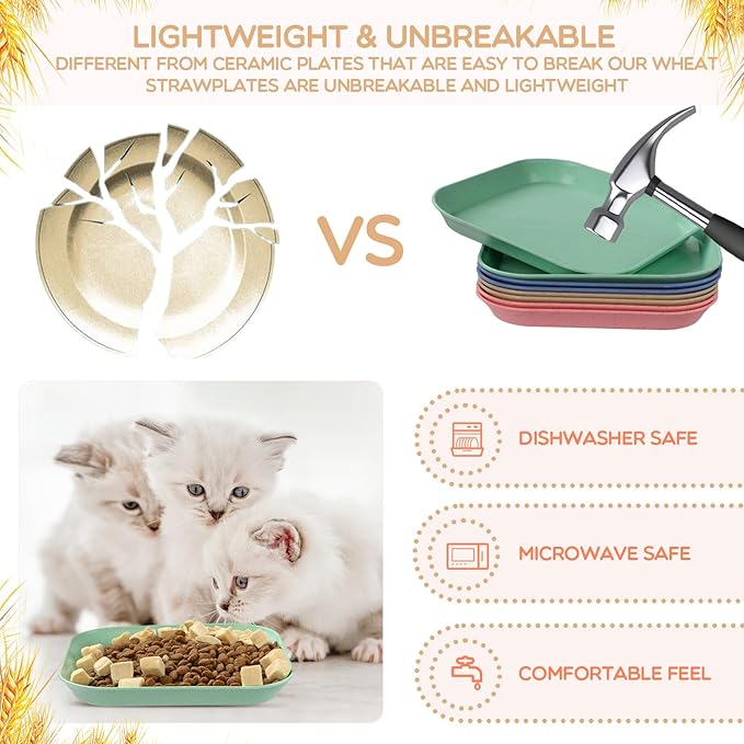 8 Pieces Whisker Fatigue Cat Bowls, 6 Inch Shallow Cat Food Dish Wide Pet Feeding Bowls, Wheat Straw Pet Plate for Kittens and Short Legged Cats