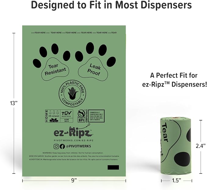 100% Compostable Doggie poop Bags, Plant Based, 8 Rolls of 15 each (120 Bags), Dog Poop pick up, Pet Waste Storage