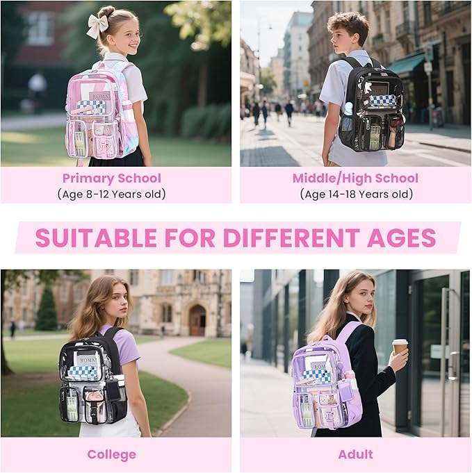 MUSEVOS Clear Backpack for School, Heavy Duty Clear Bookbag for Girls Boys Transparent Backpack with Badge Holder, Pink Tie-dye
