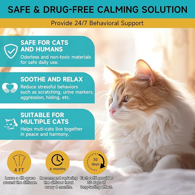 Woyamay Cat Calming Diffuser Refills - 6 Pack Cat Pheromones Calming Diffuser for Cat Anxiety Relief, Cat Pheromone Diffuser, 180 Days Pheromone Diffuser to Calm Cats, Fits All Common Diffuser Heads