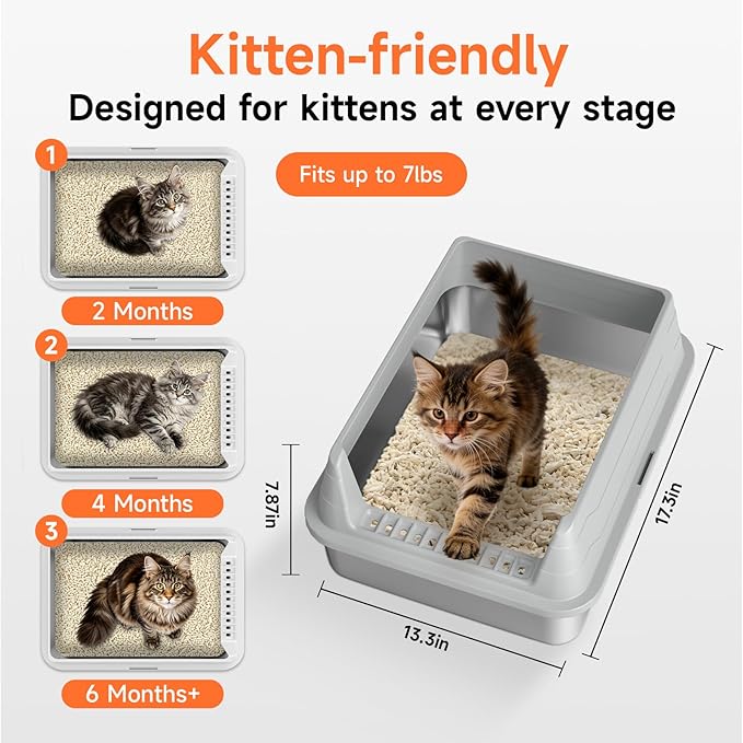 Stainless Steel Cat Litter Box, Odor Free Metal Litter Box with High Sides Lid, Open Top Low Entry Litter Pan Include Scoop Easy Cleaning Anti-Scratch Kitty Cat Box Anti-Urine Leakage, Non-Sticky, M
