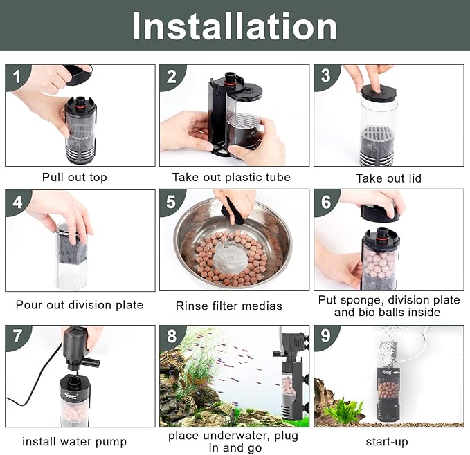 hygger Quiet Electric Aquarium Sponge Filter 10-40 Gallon Fish Tank Filter with Bio Balls Airtubing, Submersible Aquarium in-Tank Power Filter 7W 100 GPH