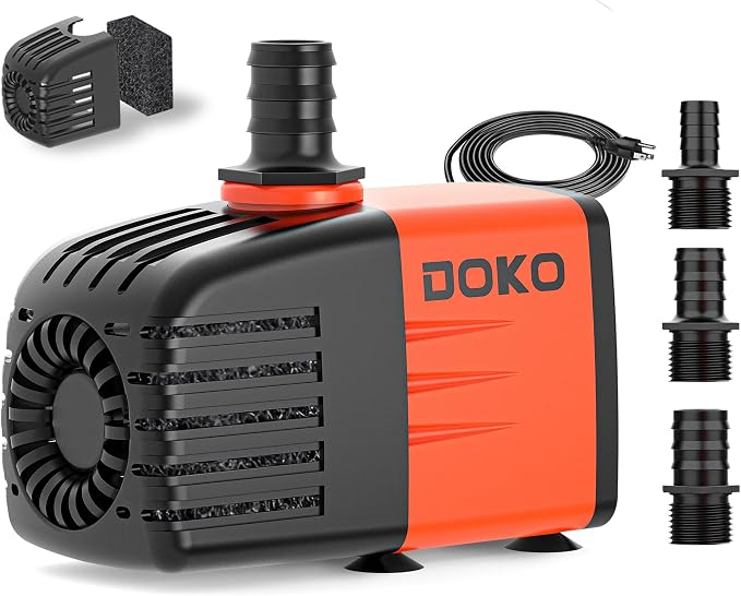 Doko Submersible Water Pump,460GPH Aquarium Water Pump with Extended Mesh Cover and Sponge,Ultra Quiet Pond Pump with 6Ft Power Cord for Fountains, Fish Tanks, Hydroponics, and Waterfalls
