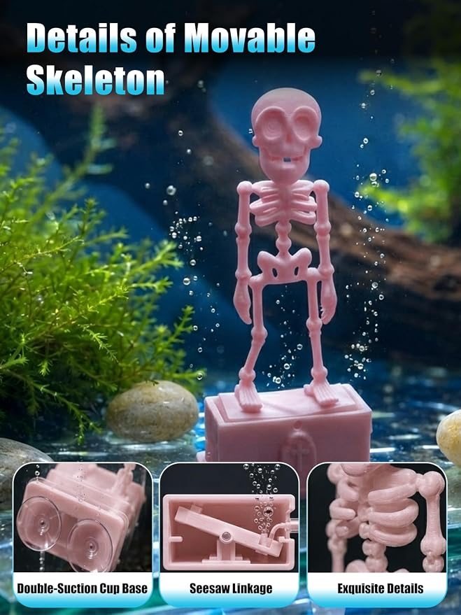 Dancing Skeleton Aquarium Bubbler, Halloween Fish Tank Decor(Pink) | Adjustable airflow with 1m hose & valve. Safe resin, for freshwater/saltwater tanks. Air pump not included.