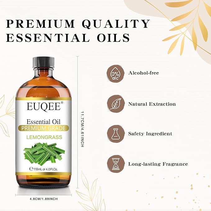 EUQEE Lemongrass Essential Oil 118ml Premium Lemongrass Oil with Glass Dropper, Great for Diffuser, Candle Making - 4Fl. Oz
