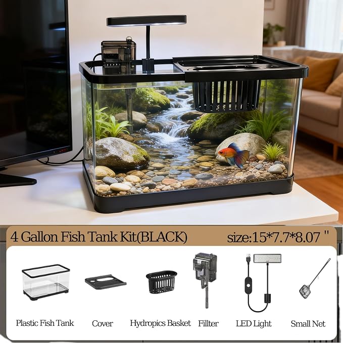4 Gallon Fish Tank, Aquarium Plastic Starter Kit with Filter, Small Net and LED Light, Fish Tank for Betta, Plastic Nano Aquarium with Lid(15 * 7.87 * 8.07 inch/Black) (4 Gallon Fish Tank)