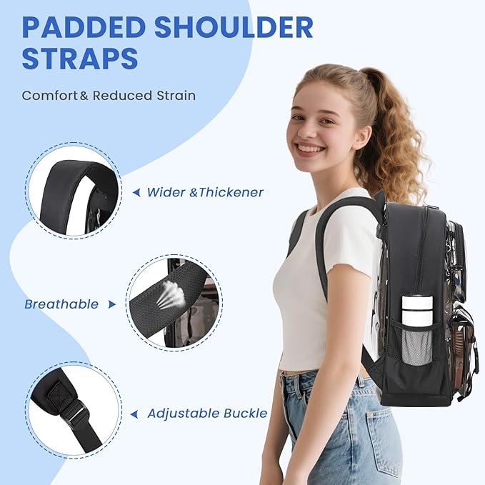 MUSEVOS Clear Backpack for School, Heavy Duty Clear Bookbag for Girls Boys Transparent Backpack with Badge Holder, Semi-Black