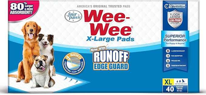 Four Paws Wee-Wee Superior Performance Unscented Extra-Large Pee Pads for Dogs & Puppies, Quilted Leak-Proof Dog Housebreaking Potty Training Floor Protection, 28" x 34", 14 Count