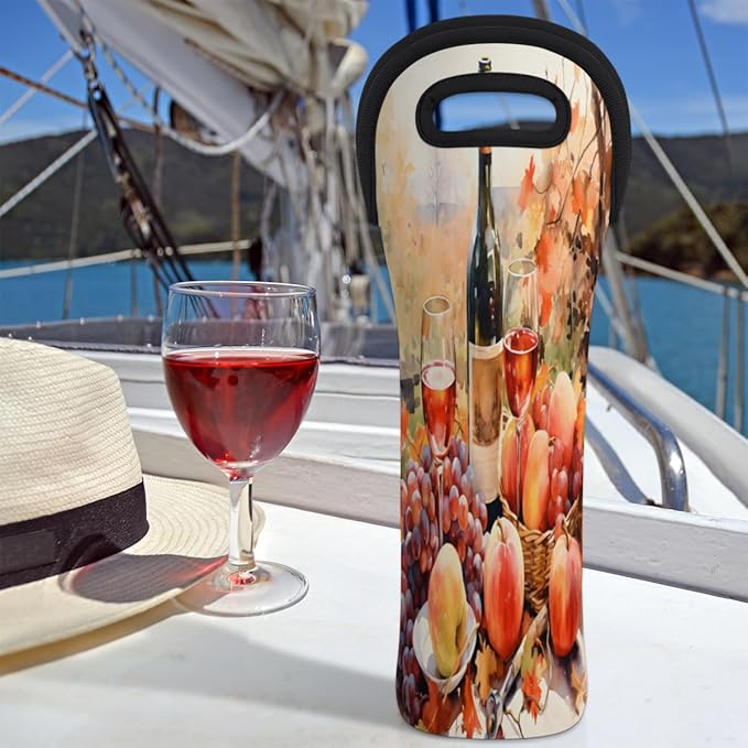 Grapes Wine Pattern Wine Bag Single Bottle Wine Tote Bag Neoprene Wine Carrier Bags with Carry Handle Portable Wine Bottle Holder for Travel Party Picnic