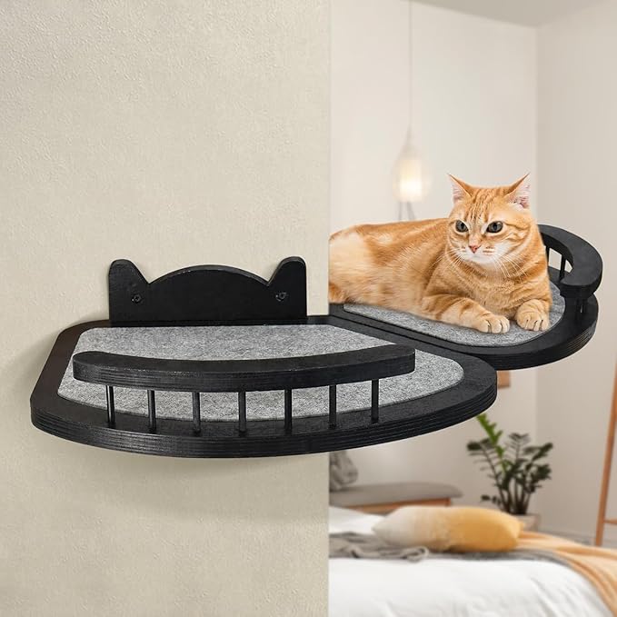 Cat Wall Shelves Furniture Set with Scratching Pad，Wooden Cat Climbing Wall Systems with 2 Perches and 3 Steps, Floating Shelves Bed Wall Mounted for Indoor Fit Up to 15Lbs (Black)