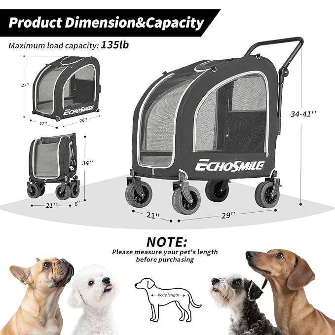 EchoSmile 4 Wheels Pet Stroller, Dog & Cat Stroller for All-Season, Lightweight Carrier with Storage Basket, Adjustable Handle, Removable Pad, Breathable Mesh, Up to 135 lbs, Black (Black)