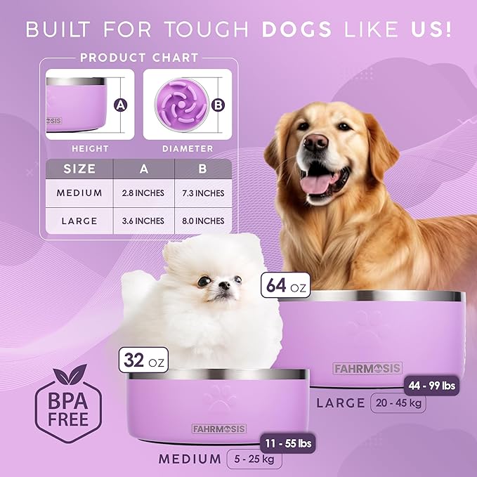FAHRMOSIS 32 Oz Dog Bowl with Slow Feeder Insert Stainless Steel Pet Water Bowl for Medium & Large Breed Non Slip Rubber Base & Plastic Puzzle Feeder - Lavender
