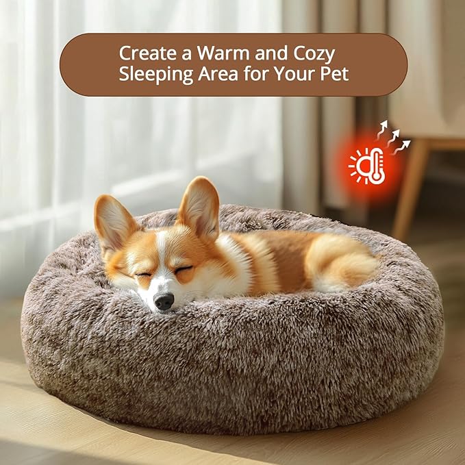 JOLLYVOGUE Calming Dog Bed Medium Size Dog, 31in Donut Washable Medium Pet Bed, Anti-Slip & Anti-Anxiety Fluffy Faux Fur Round Dogs Bed, Fits up to 45 lbs Pets (Smoke Brown)
